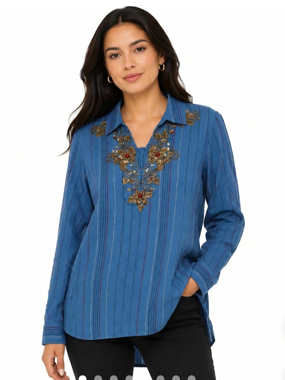 Soft Surroundings Blue Embellished V-Neck Long-Sleeve Stripe Top Size Medium